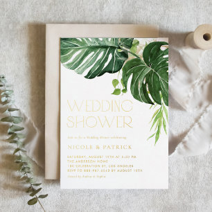 Watercolor Monstera Leaves Tropical Wedding Shower Foil Invitation