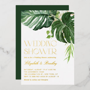 Watercolor Monstera Leaves Tropical Wedding Shower Foil Invitation