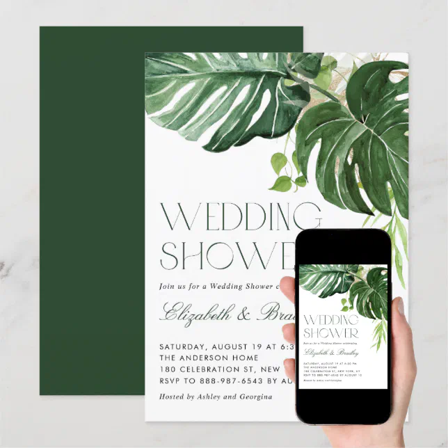 Watercolor Monstera Leaves Tropical Wedding Shower Invitation | Zazzle