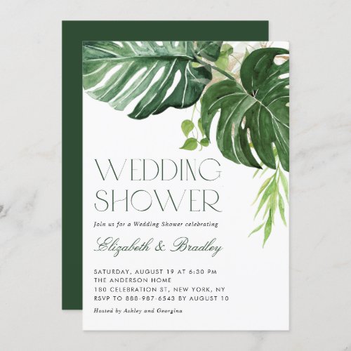 Watercolor Monstera Leaves Tropical Wedding Shower Invitation - Invite family and friends to your event with this customizable tropical wedding shower invitation. it features watercolor illustrations of monstera leaves with faux gold foil accents. Personalize this monster wedding shower invitation by adding your own details. This greenery wedding shower invitation is perfect for summer wedding showers.