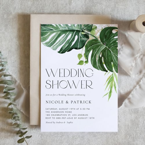 Watercolor Monstera Leaves Tropical Wedding Shower Invitation