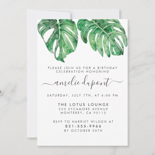 Watercolor Monstera & Modern Script Birthday Party Invitation (Front)