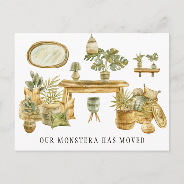 Watercolor Monstera Moving Announcement Postcard (Front)