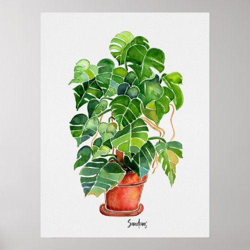 Watercolor Monstera Plant in pot Poster