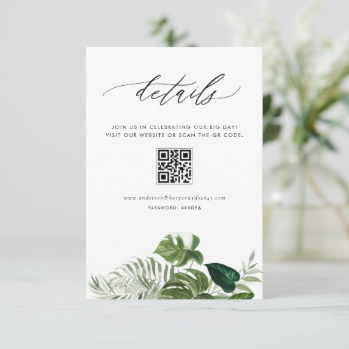 Watercolor Monstera Summer QR Code Wedding Details Enclosure Card