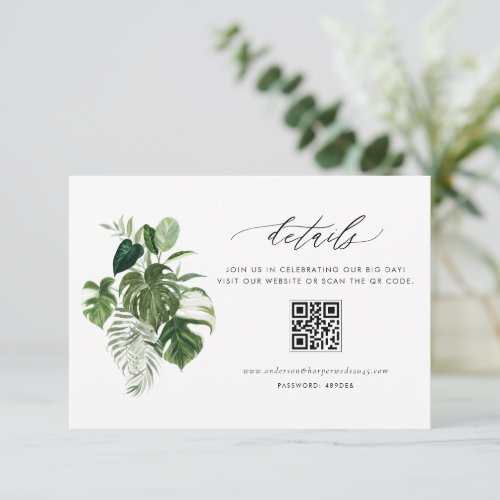 Watercolor Monstera Summer Wedding Details QR Code Enclosure Card
