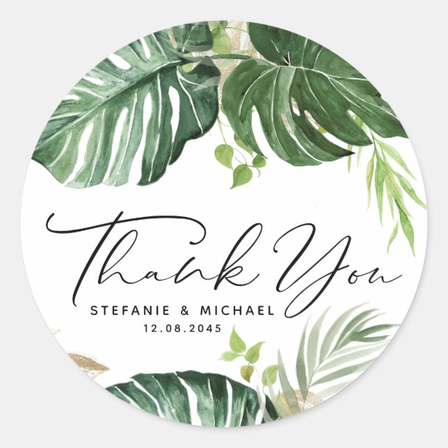 Watercolor Monstera Summer Wedding Thank You Classic Round Sticker (Front)
