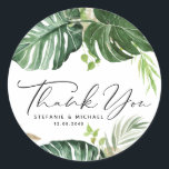 Watercolor Monstera Summer Wedding Thank You Classic Round Sticker<br><div class="desc">Add a boho accent to your cards and envelopes with these customizable wedding stickers. It features watercolour tropical greenery and faux gold foil accents. Personalize by adding your details. These tropical stickers are perfect for summer weddings,  bridal showers,  baby showers,  birthdays and more.</div>
