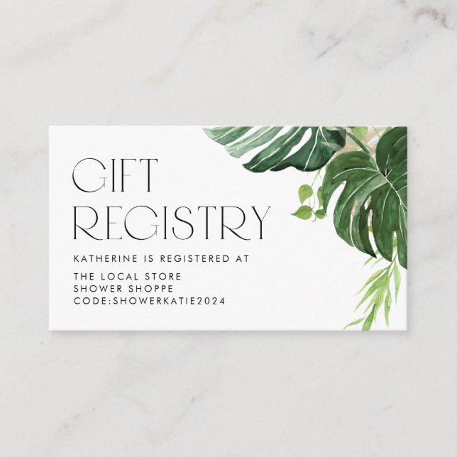 Watercolor Monstera Tropical Baby Shower Registry Enclosure Card (Front)