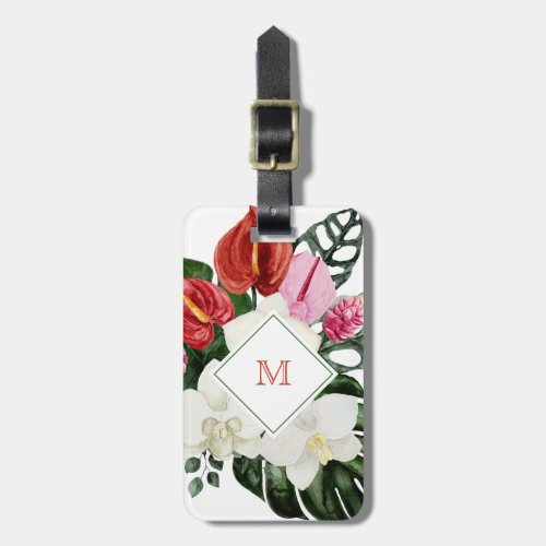 Watercolor Monstera Tropical Flowers Monogram Luggage Tag