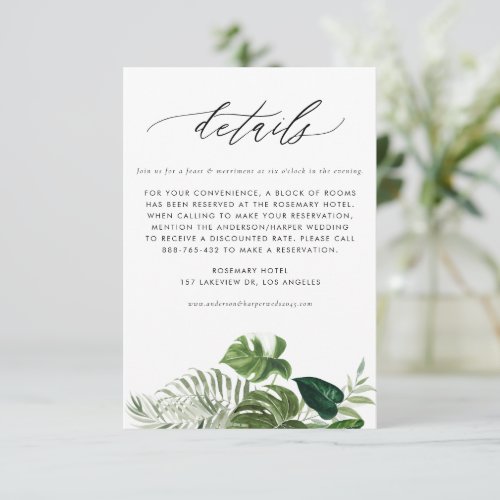 Watercolor Monstera Tropical Wedding Details Enclosure Card