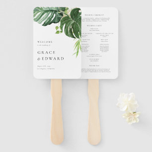 Watercolor Monstera Tropical Wedding Program Hand Fan