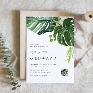 Watercolor Monstera Tropical Wedding QR Code Invitation