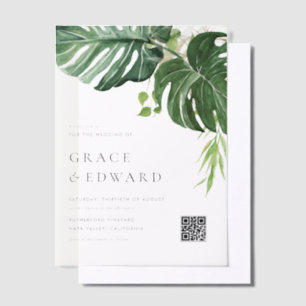 Watercolor Monstera Tropical Wedding QR Code Vellum Invitations