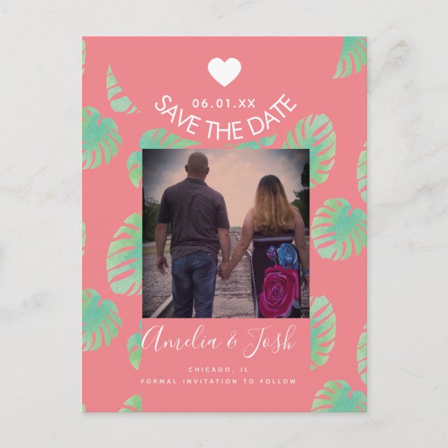 Watercolor Monsteras Pink Save the Date Postcard (Front)