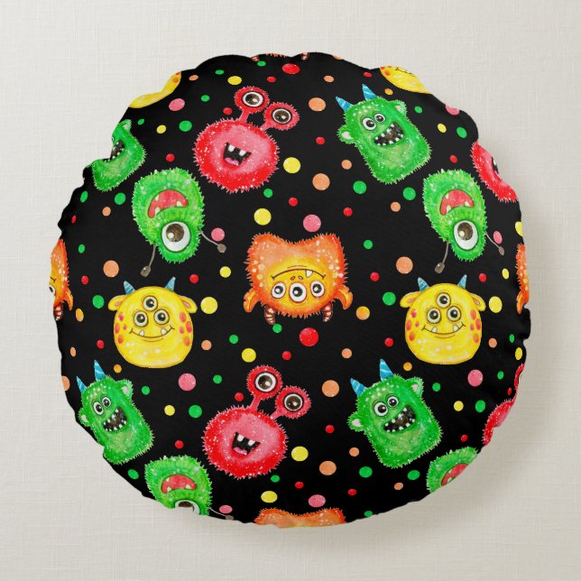 Watercolor Monsters: Cute Seamless Pattern Round Pillow (Front)