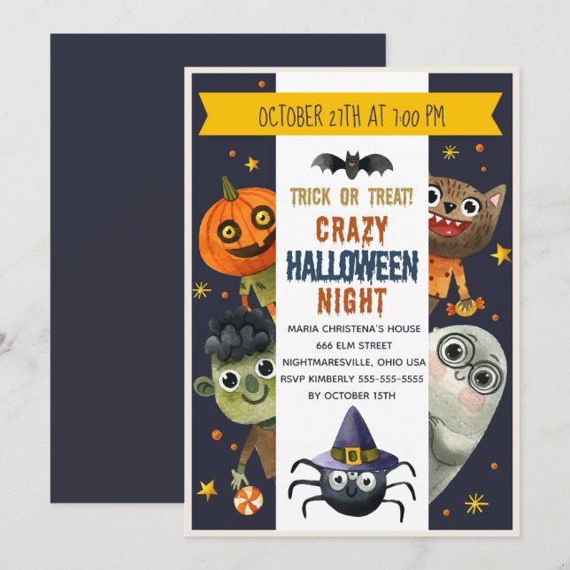 Watercolor Monsters Halloween Party Invitation (Front/Back)