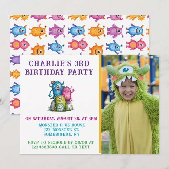 Watercolor Monsters Kid's Birthday Party Invitation (Front/Back)