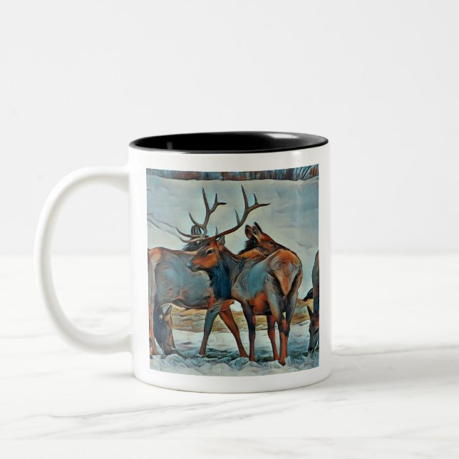 Watercolor Montana Bull Elk Two-Tone Coffee Mug (Left)