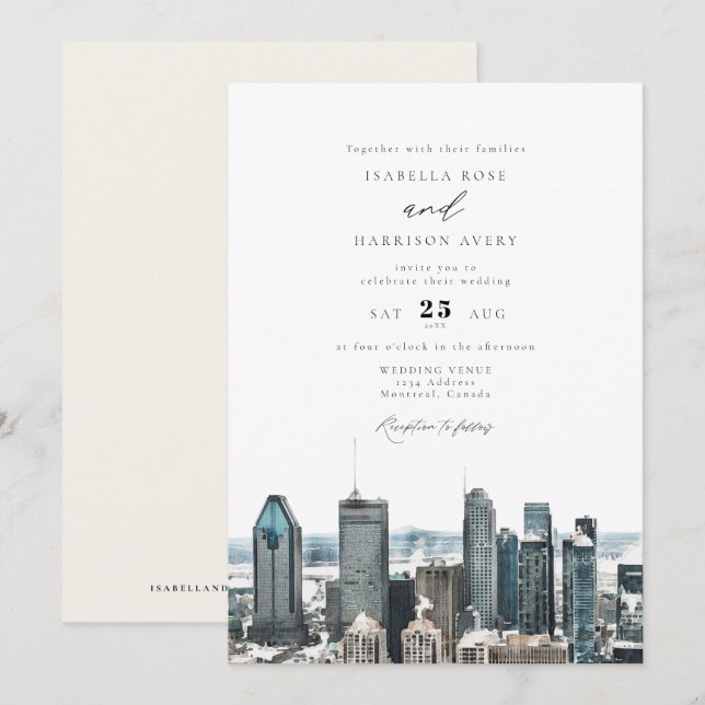 Watercolor Montreal Canada City Skyline Wedding Invitation (Front/Back)