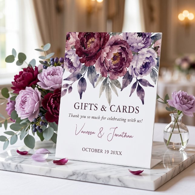 Watercolor Moody Plum Burgundy Floral Wedding Gift Pedestal Sign (Creator Uploaded)