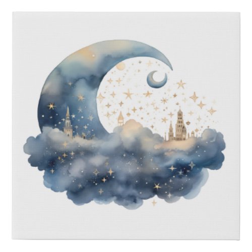 Watercolor Moon and Stars Canvas Print