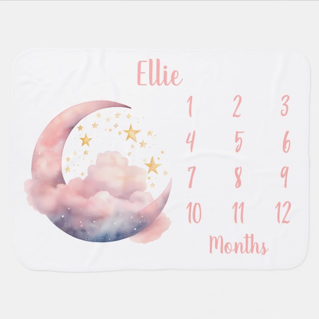 Watercolor Moon and Stars Milestone Baby Blanket  (Horizontal)