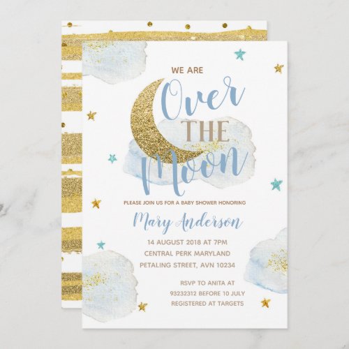 Watercolor Moon Baby Blue and Gold Baby Shower Invitation