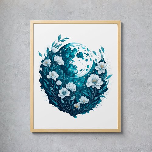 Watercolor Moon Celestial Stars Flowers Poster