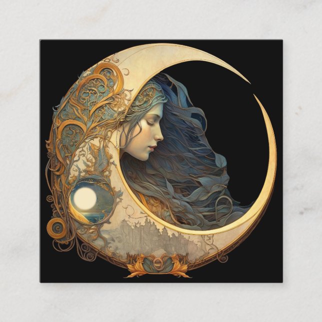Watercolor Moon Goddess Square Business Card (Front)