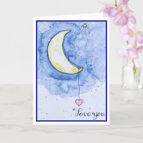 Watercolor Moon Heart Love You Card