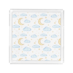 Watercolor Moon Stars and Clouds Pattern Acrylic Tray
