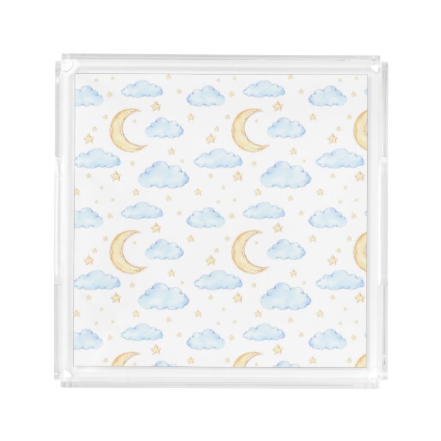Watercolor Moon Stars and Clouds Pattern Acrylic Tray (Front)