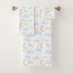 Watercolor Moon Stars and Clouds Pattern Bath Towel Set