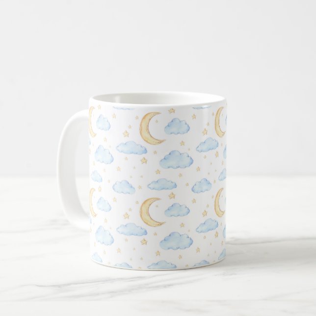Watercolor Moon Stars and Clouds Pattern Coffee Mug (Front Left)