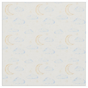 Watercolor Moon Stars and Clouds Pattern Fabric