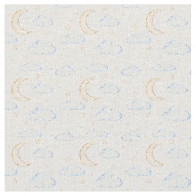 Watercolor Moon Stars and Clouds Pattern Fabric (Close Up)