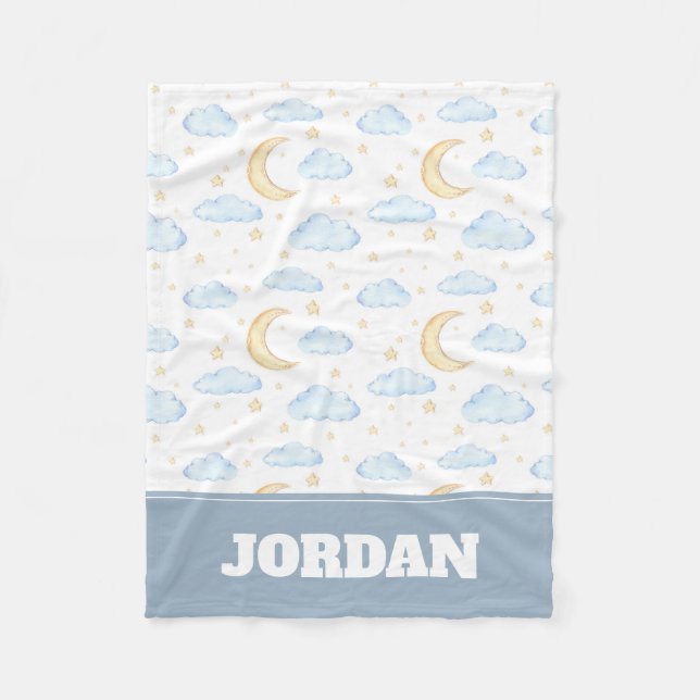 Watercolor Moon Stars and Clouds Pattern Fleece Blanket (Front)