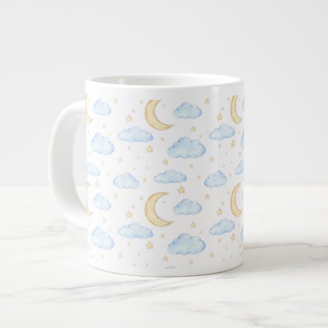 Watercolor Moon Stars and Clouds Pattern Giant Coffee Mug (Front Left)