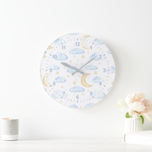 Watercolor Moon Stars and Clouds Pattern Large Clock