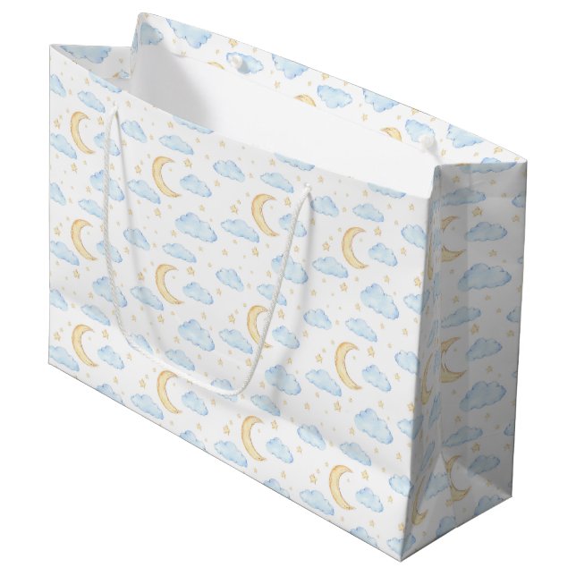 Watercolor Moon Stars and Clouds Pattern Large Gift Bag (Front Angled)