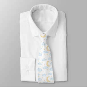 Watercolor Moon Stars and Clouds Pattern Neck Tie