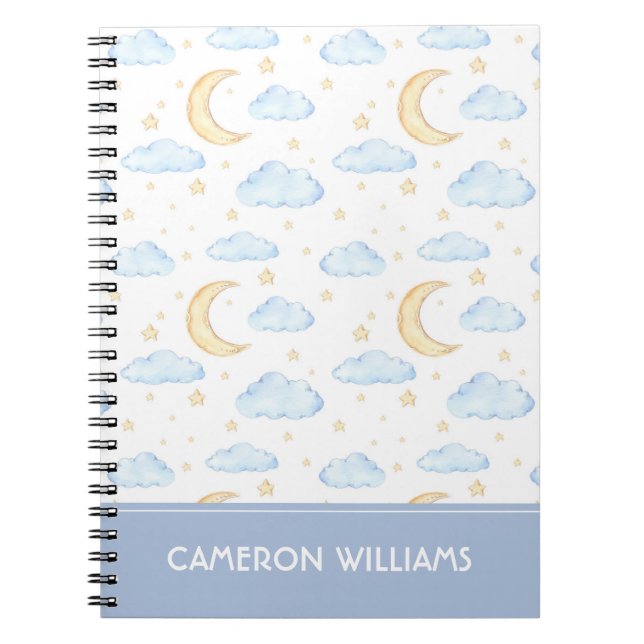 Watercolor Moon Stars and Clouds Pattern Notebook (Front)