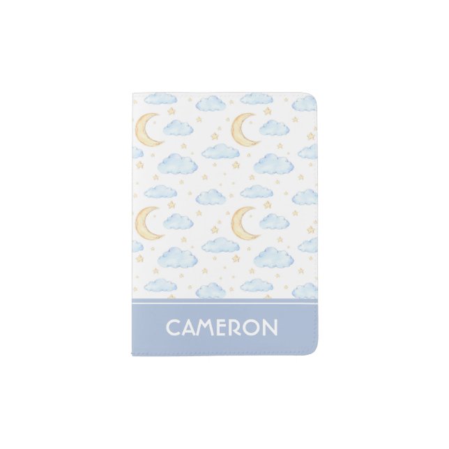 Watercolor Moon Stars and Clouds Pattern Passport Holder (Front)