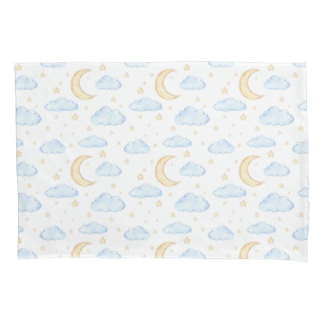 Watercolor Moon Stars and Clouds Pattern Pillow Case (Front)