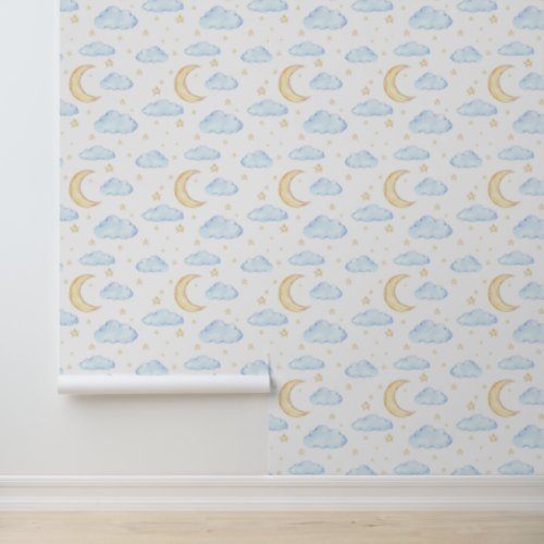 Watercolor Moon Stars and Clouds Pattern Wallpaper