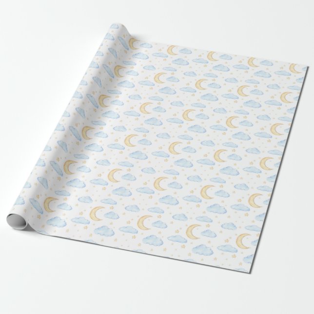 Watercolor Moon Stars and Clouds Pattern Wrapping Paper (Unrolled)