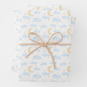 Watercolor Moon Stars and Clouds Pattern Wrapping Paper Sheets