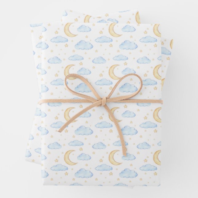 Watercolor Moon Stars and Clouds Pattern Wrapping Paper Sheets (In situ)