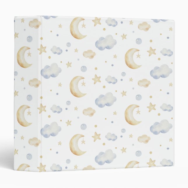 Watercolor Moon Stars & Cloud Pattern 3 Ring Binder (Front/Spine)